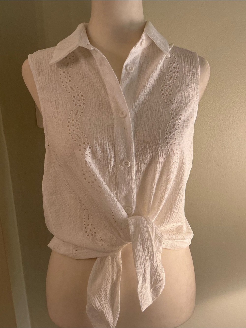 Sleeveless Eyelet Tie-Front Button-Down Top - White Size Small